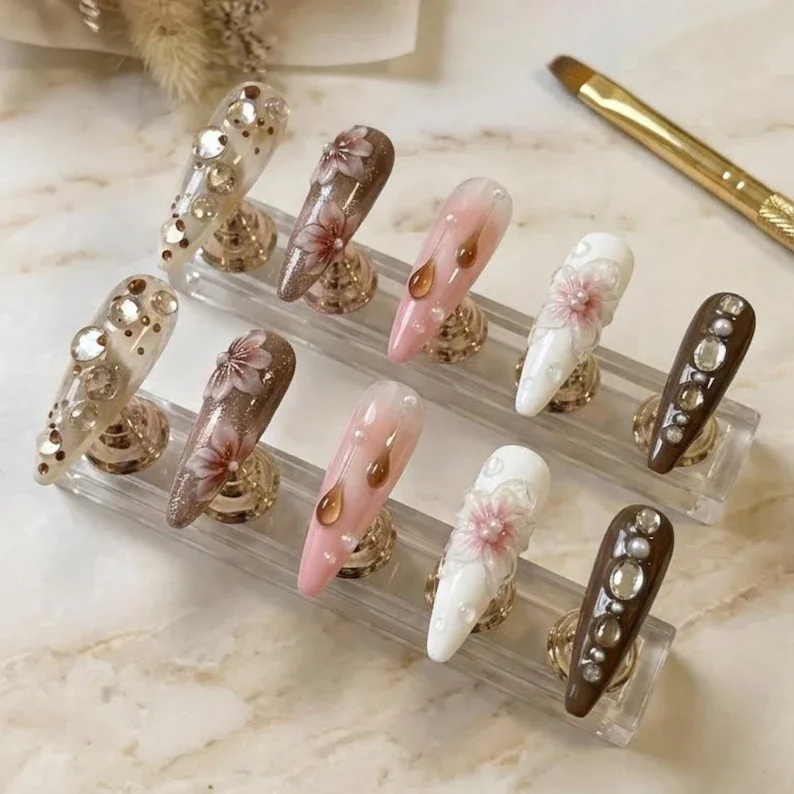 gem embellishments, 3D floral design, press on nails, custom press on nails, fake nails, Nails Art, stained glass nails, gold press on nails, 3d press on nails, luxury press on nails, handmade press on nails