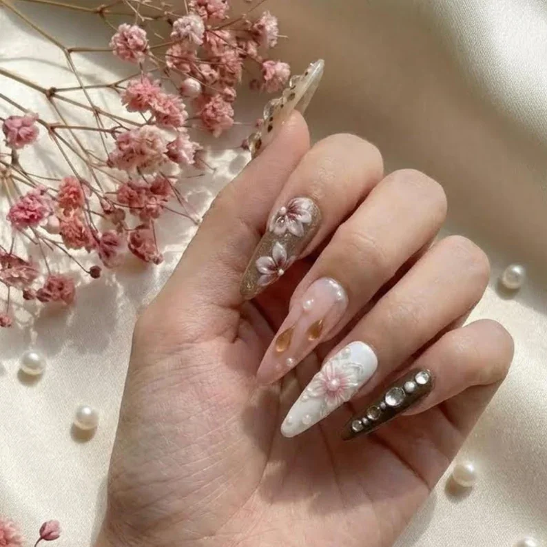 fairycore press on nails, 3D floral nails, press on nails, custom press on nails, fake nails, Nails Art, stained glass nails, gold press on nails, 3d press on nails, luxury press on nails, handmade press on nails