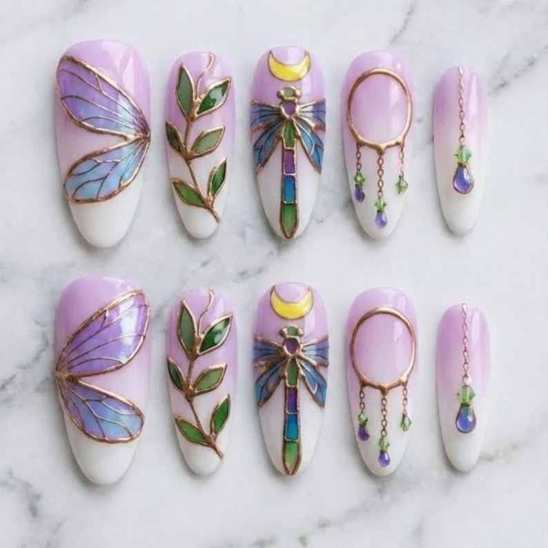 stained glass dragonfly, celestial moon art, press on nails, custom press on nails, fake nails, Nails Art, stained glass nails, gold press on nails, 3d press on nails, luxury press on nails, handmade press on nails