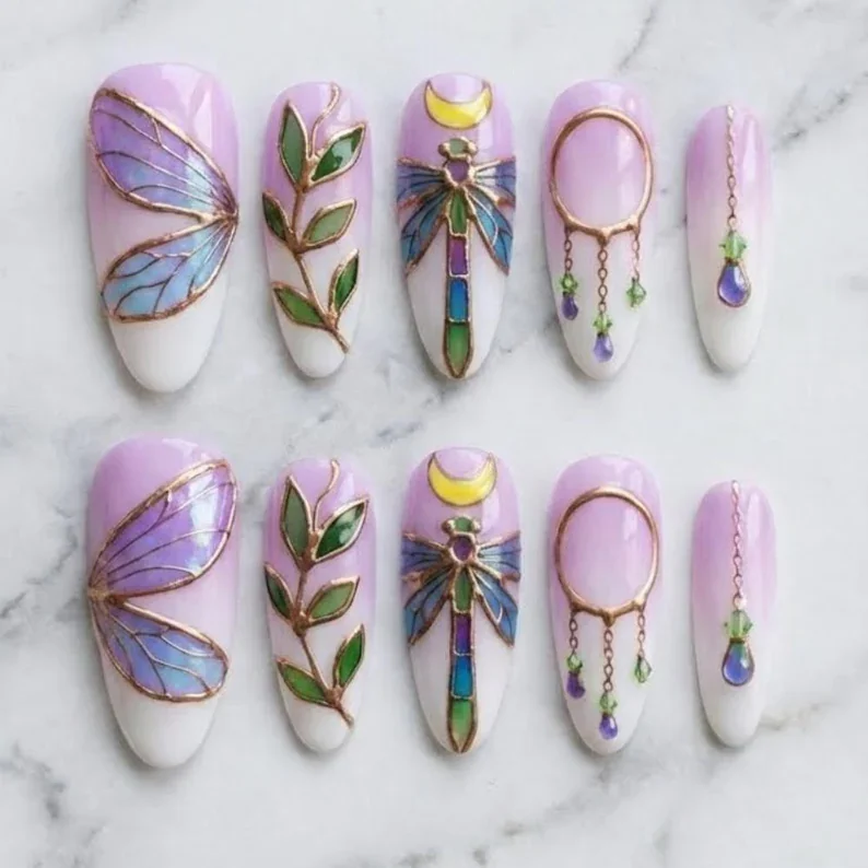 fairycore press on nails, iridescent wings, press on nails, custom press on nails, fake nails, Nails Art, stained glass nails, gold press on nails, 3d press on nails, luxury press on nails, handmade press on nails