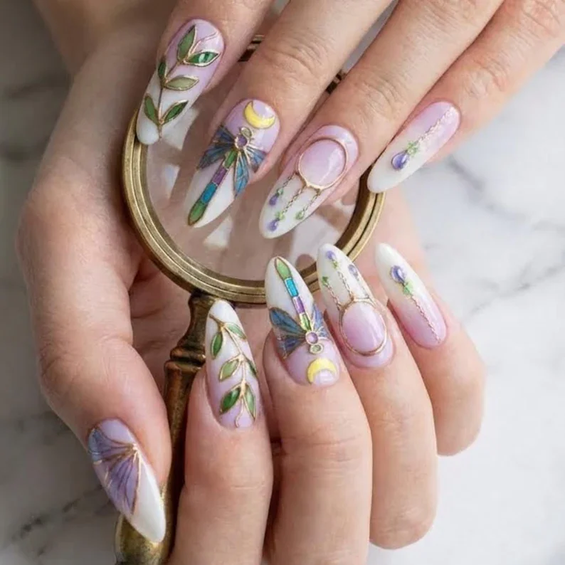 stained glass dragonfly, celestial moon art, press on nails, custom press on nails, fake nails, Nails Art, stained glass nails, gold press on nails, 3d press on nails, luxury press on nails, handmade press on nails