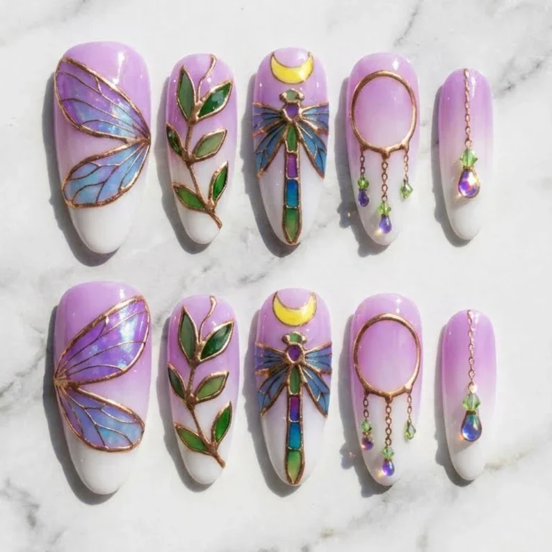 dragonfly nails, moon themed nails, press on nails, custom press on nails, fake nails, Nails Art, stained glass nails, gold press on nails, 3d press on nails, luxury press on nails, handmade press on nails