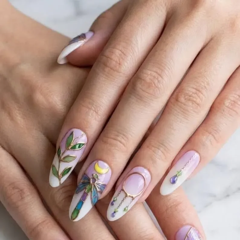 iridescent press ons, fairycore nail set, press on nails, custom press on nails, fake nails, Nails Art, stained glass nails, gold press on nails, 3d press on nails, luxury press on nails, handmade press on nails