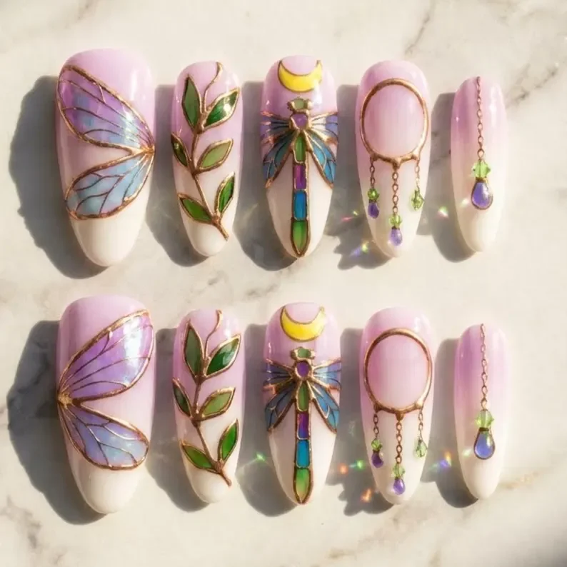 fairycore press on nails, iridescent wings, press on nails, custom press on nails, fake nails, Nails Art, stained glass nails, gold press on nails, 3d press on nails, luxury press on nails, handmade press on nails