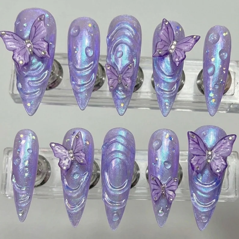 purple butterfly nails, 3D liquid metal, press on nails, custom press on nails, fake nails, Nails Art, stained glass nails, gold press on nails, 3d press on nails, luxury press on nails, handmade press on nails