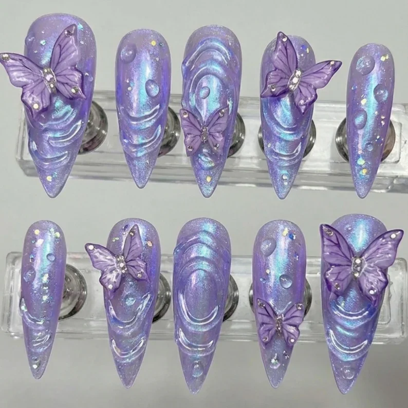 fairycore press on nails, purple butterfly nails, press on nails, custom press on nails, fake nails, Nails Art, stained glass nails, gold press on nails, 3d press on nails, luxury press on nails, handmade press on nails