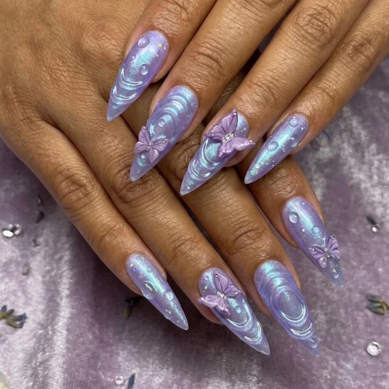 dew drops nail art, butterfly nail design, press on nails, custom press on nails, fake nails, Nails Art, stained glass nails, gold press on nails, 3d press on nails, luxury press on nails, handmade press on nails