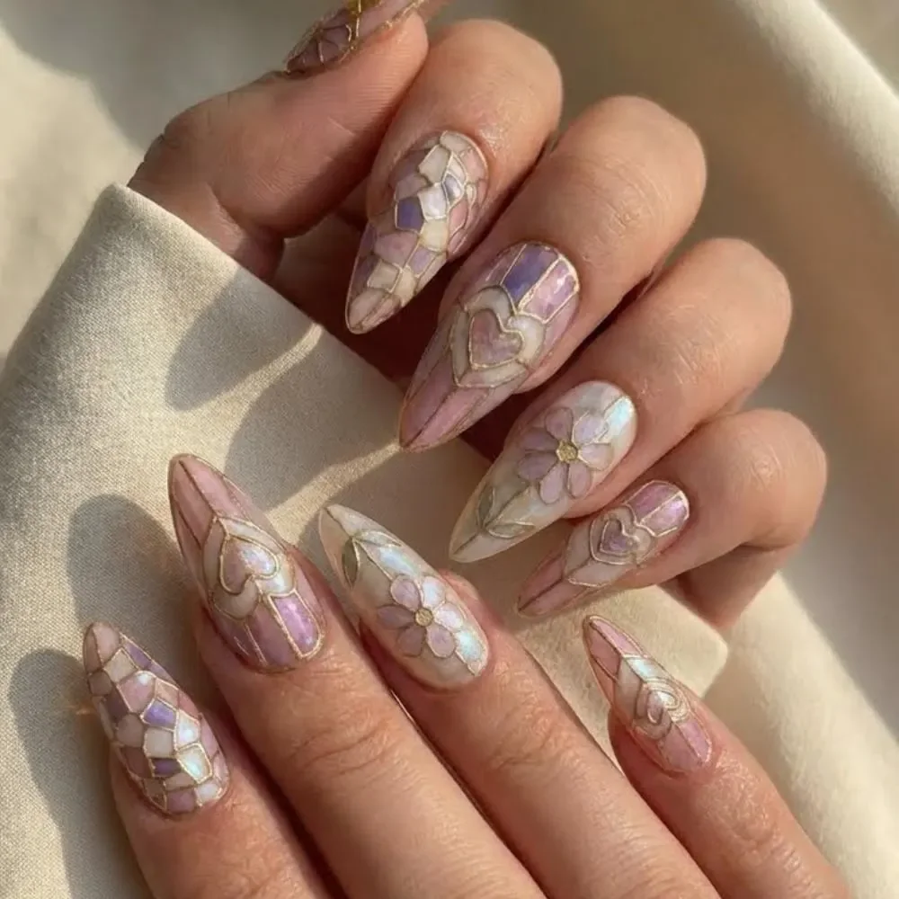 floral suncatcher, press on nails, custom press on nails, fake nails, Nails Art, stained glass nails, gold press on nails, 3d press on nails, luxury press on nails, handmade press on nails