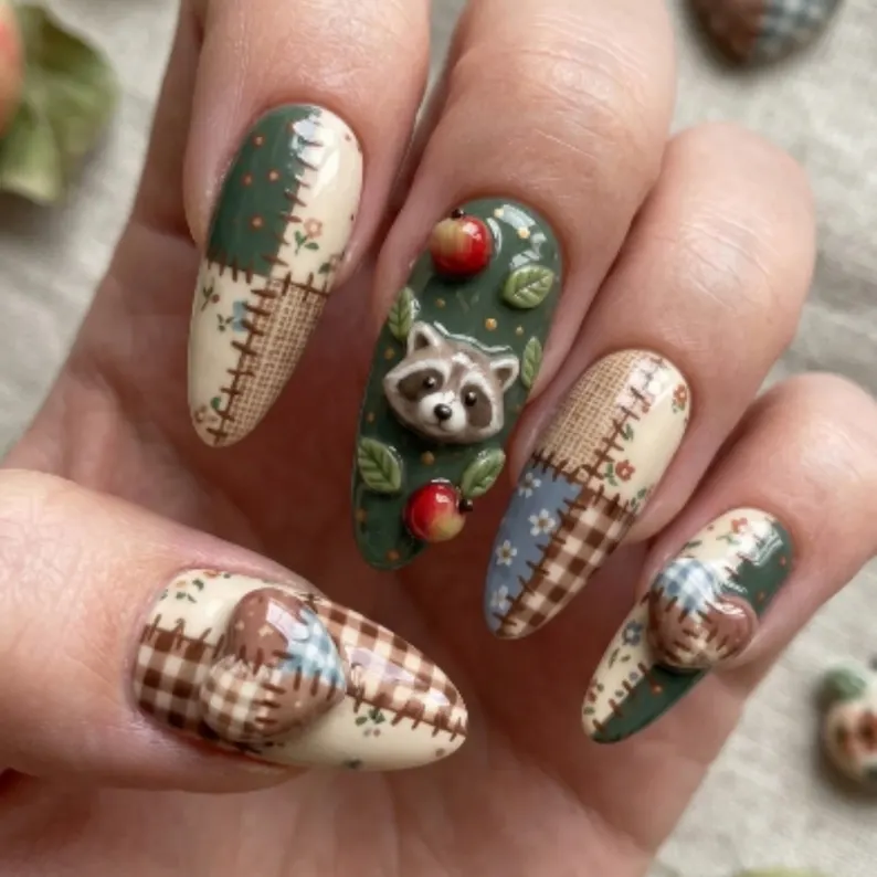 forest patchwork, raccoon press on, press on nails, custom press on nails, fake nails, Nails Art, stained glass nails, gold press on nails, 3d press on nails, luxury press on nails, handmade press on nails