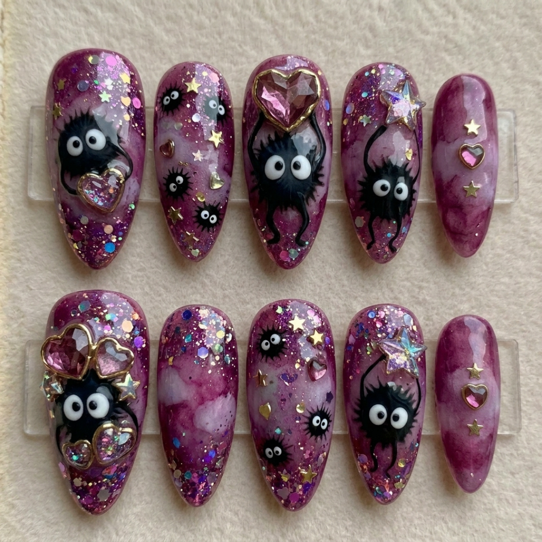 whimsical magical, forest inspired nails, press on nails, custom press on nails, fake nails, Nails Art, stained glass nails, gold press on nails, 3d press on nails, luxury press on nails, handmade press on nails