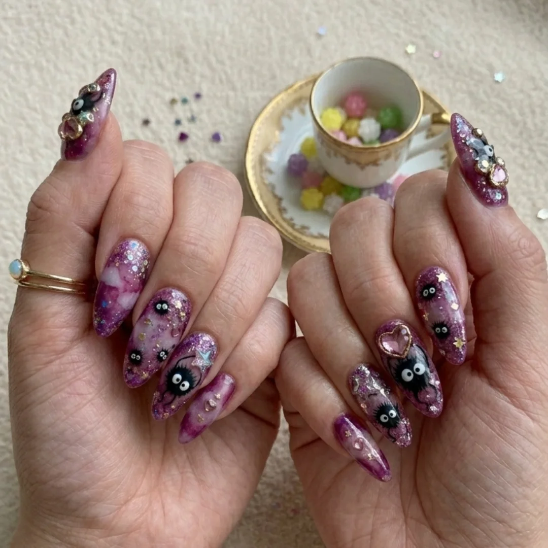fuzzy black dust, soot sprite press, press on nails, custom press on nails, fake nails, Nails Art, stained glass nails, gold press on nails, 3d press on nails, luxury press on nails, handmade press on nails