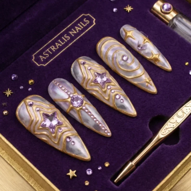 press on nails, galactic star swirl, custom press on nails, fake nails, Nails Art, stained glass nails, gold press on nails, 3d press on nails, luxury press on nails, handmade press on nails