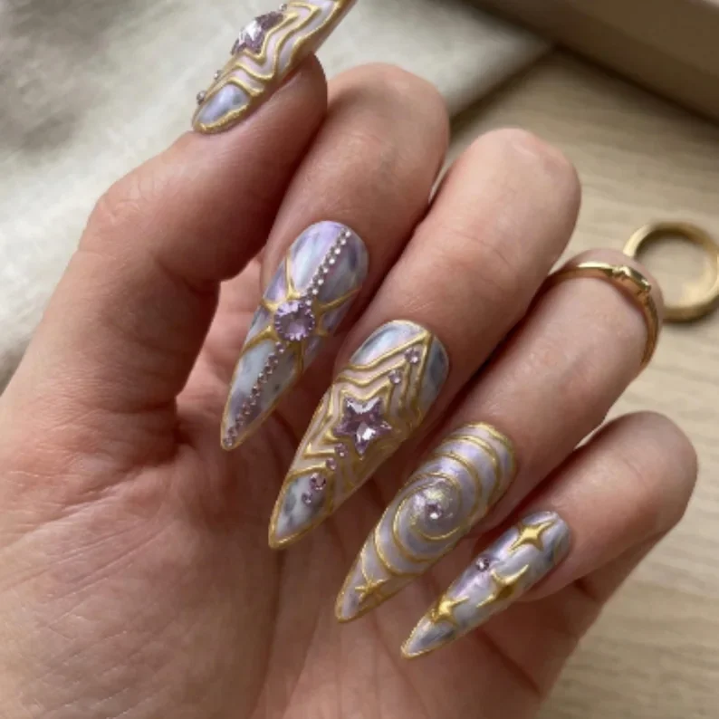 3D gold chrome, lilac crystal, press on nails, custom press on nails, fake nails, Nails Art, stained glass nails, gold press on nails, 3d press on nails, luxury press on nails, handmade press on nails