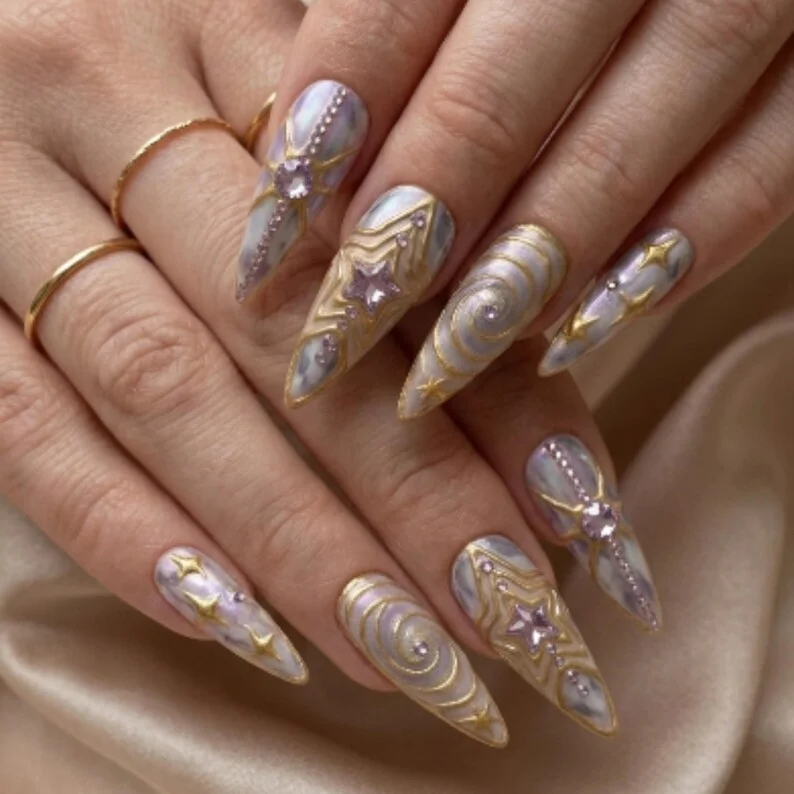 y2k celestial, celestial art, press on nails, custom press on nails, fake nails, Nails Art, stained glass nails, gold press on nails, 3d press on nails, luxury press on nails, handmade press on nails