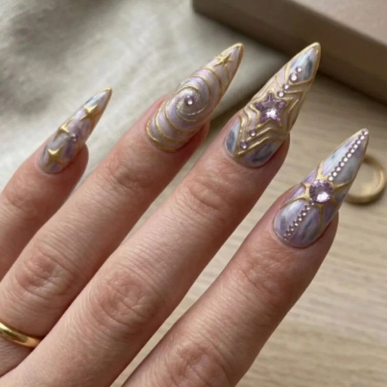 gold chrome nails, lilac press ons, press on nails, custom press on nails, fake nails, Nails Art, stained glass nails, gold press on nails, 3d press on nails, luxury press on nails, handmade press on nails