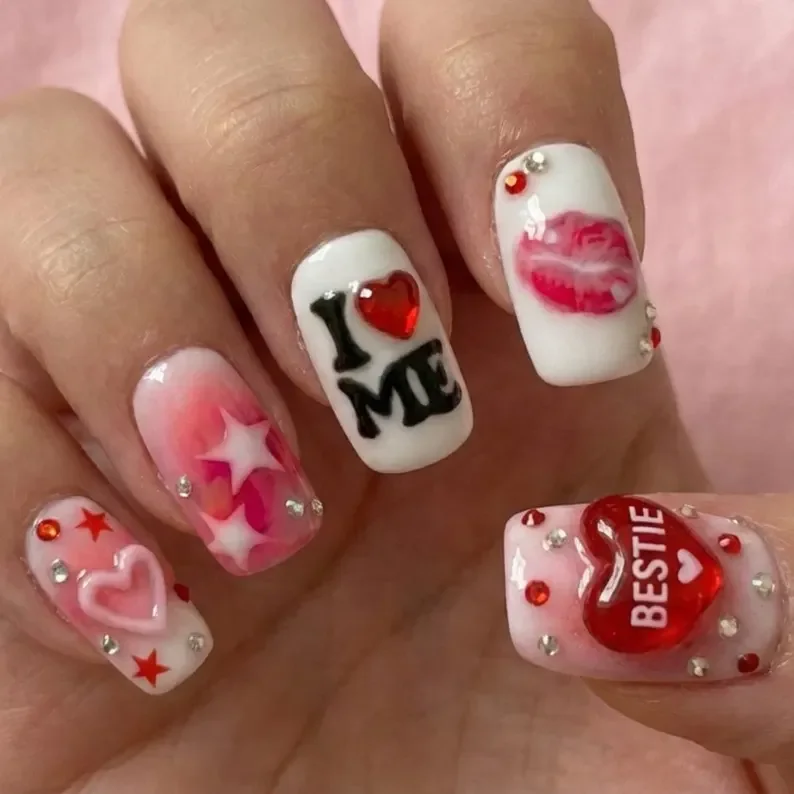 3D charm nails, Pink aura, press on nails, custom press on nails, fake nails, Nails Art, stained glass nails, gold press on nails, 3d press on nails, luxury press on nails, handmade press on nails