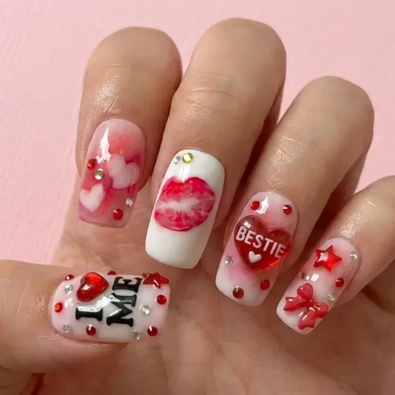 Galentine's nails, Aura nails, press on nails, custom press on nails, fake nails, Nails Art, stained glass nails, gold press on nails, 3d press on nails, luxury press on nails, handmade press on nails