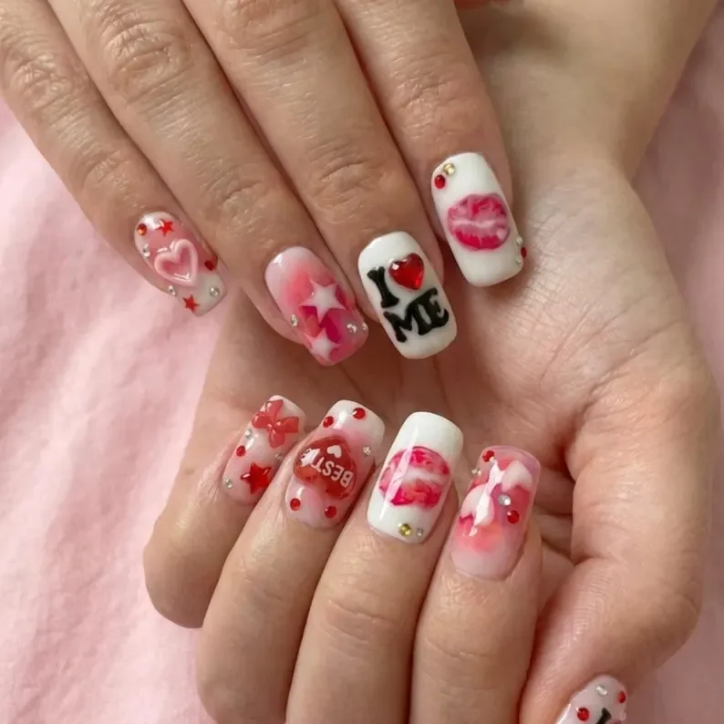 Charm nails, Galentine's press on nails, press on nails, custom press on nails, fake nails, Nails Art, stained glass nails, gold press on nails, 3d press on nails, luxury press on nails, handmade press on nails