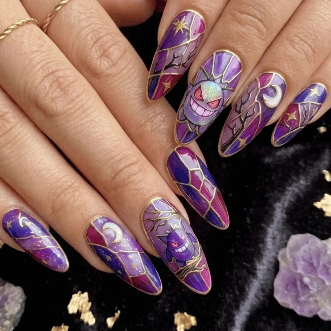 whimsical magical, forest inspired nails, press on nails, custom press on nails, fake nails, Nails Art, stained glass nails, gold press on nails, 3d press on nails, luxury press on nails, handmade press on nails