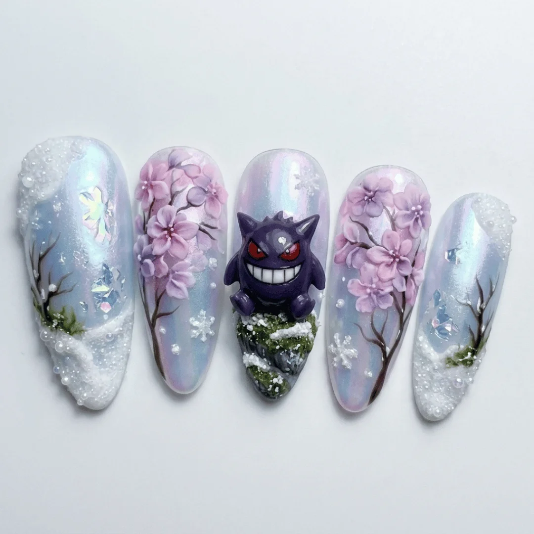 Gengar press on nails, Sakura cherry blossom, press on nails, custom press on nails, fake nails, Nails Art, stained glass nails, gold press on nails, 3d press on nails, luxury press on nails, handmade press on nails