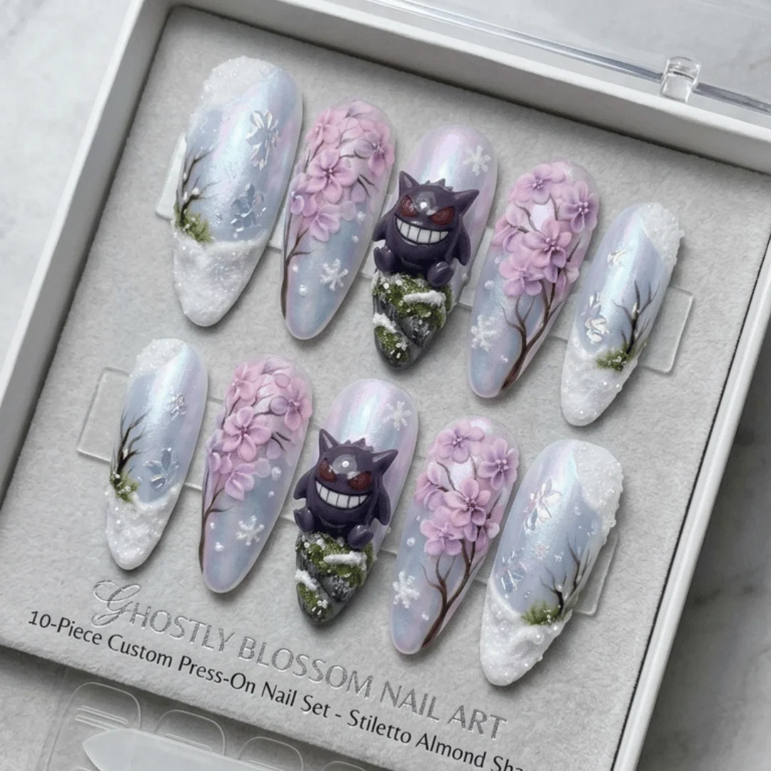 Gengar press on nails, Sakura cherry blossom, press on nails, custom press on nails, fake nails, Nails Art, stained glass nails, gold press on nails, 3d press on nails, luxury press on nails, handmade press on nails