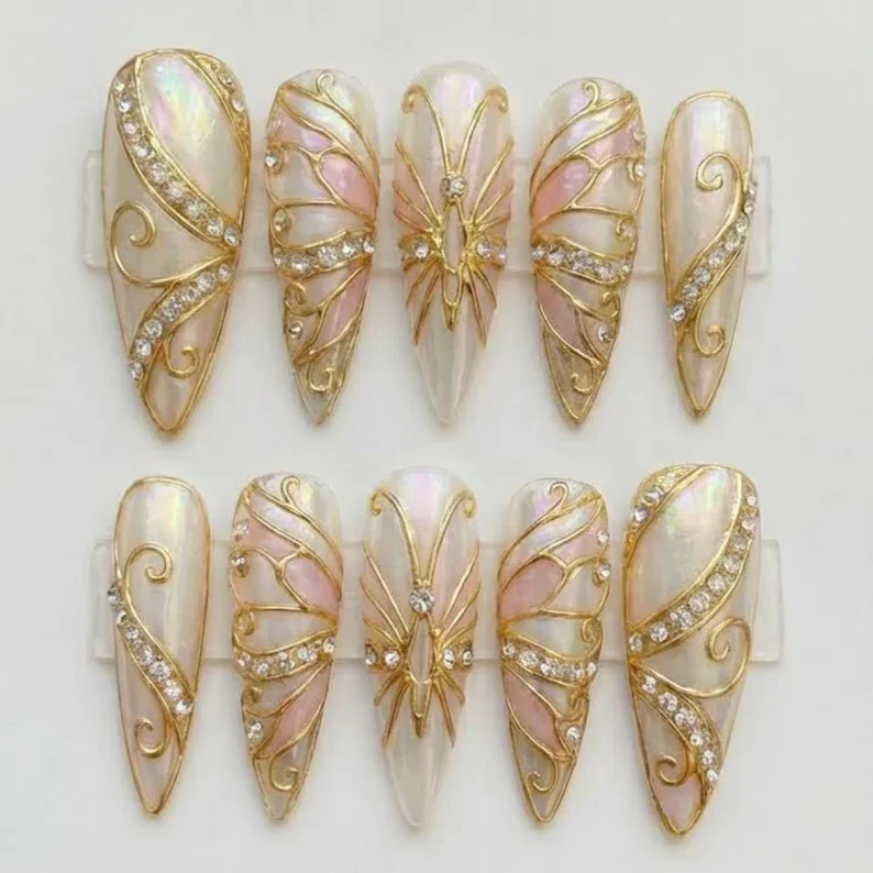 gilded butterfly nails, press on nails, custom press on nails, fake nails, Nails Art, stained glass nails, gold press on nails, 3d press on nails, luxury press on nails, handmade press on nails