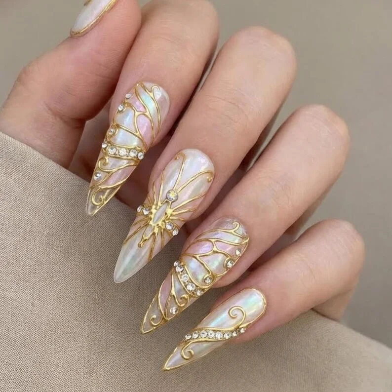 butterfly nail design, jeweled nail set, press on nails, custom press on nails, fake nails, Nails Art, stained glass nails, gold press on nails, 3d press on nails, luxury press on nails, handmade press on nails