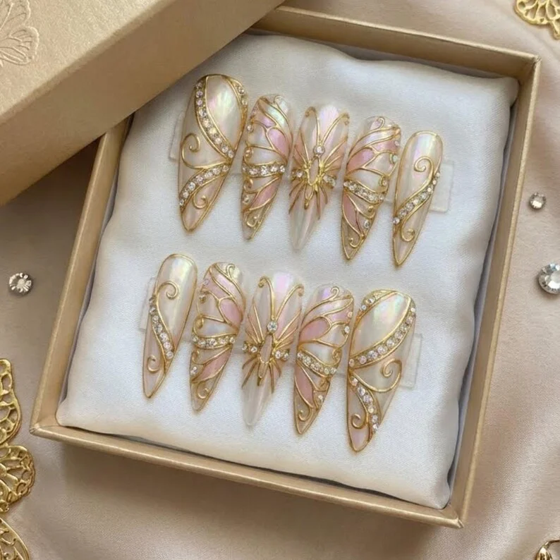 gilded butterfly nails, press on nails, custom press on nails, fake nails, Nails Art, stained glass nails, gold press on nails, 3d press on nails, luxury press on nails, handmade press on nails