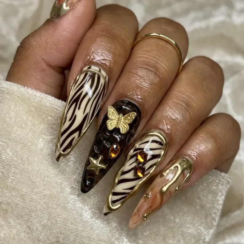 y2k maximalist, 3d gold drip, press on nails, custom press on nails, fake nails, Nails Art, stained glass nails, gold press on nails, 3d press on nails, luxury press on nails, handmade press on nails