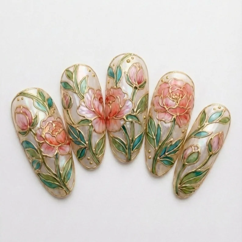 floral press on, romantic wedding, press on nails, custom press on nails, fake nails, Nails Art, stained glass nails, gold press on nails, 3d press on nails, luxury press on nails, handmade press on nails