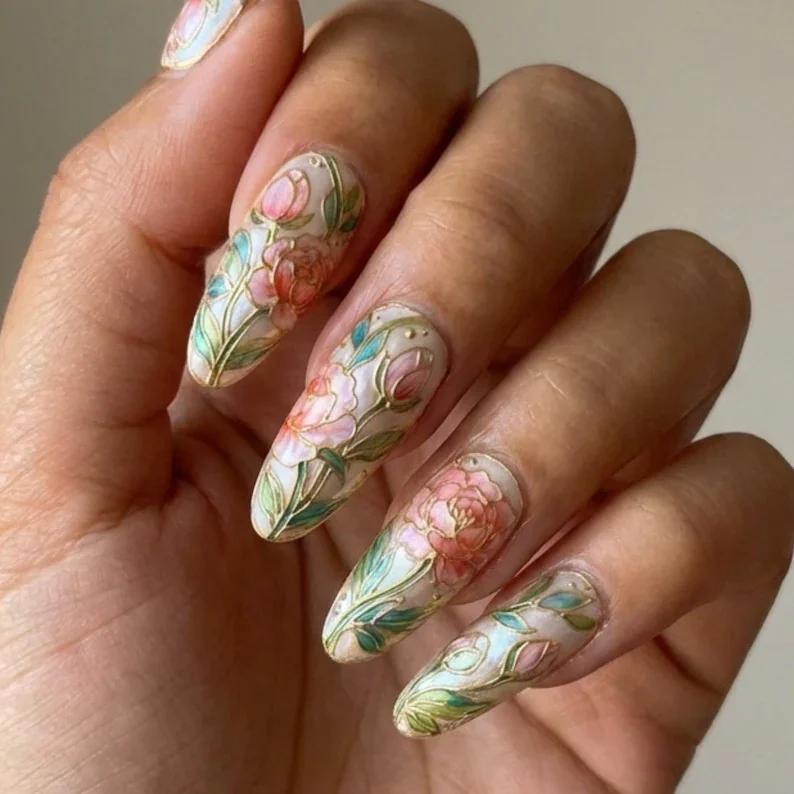 art nouveau wedding, floral nail design, press on nails, custom press on nails, fake nails, Nails Art, stained glass nails, gold press on nails, 3d press on nails, luxury press on nails, handmade press on nails