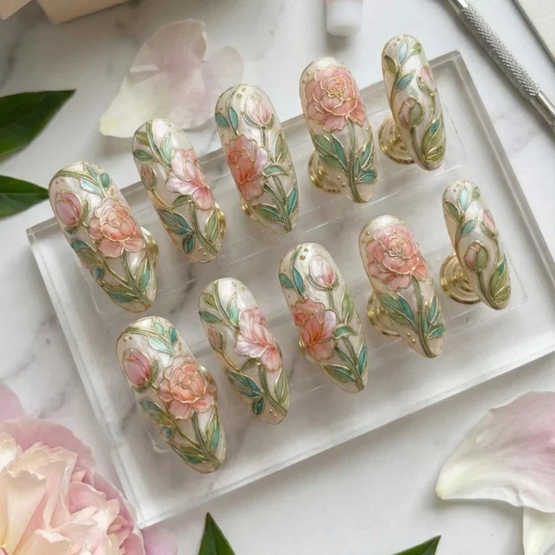 gilded peony, stained glass, press on nails, custom press on nails, fake nails, Nails Art, stained glass nails, gold press on nails, 3d press on nails, luxury press on nails, handmade press on nails