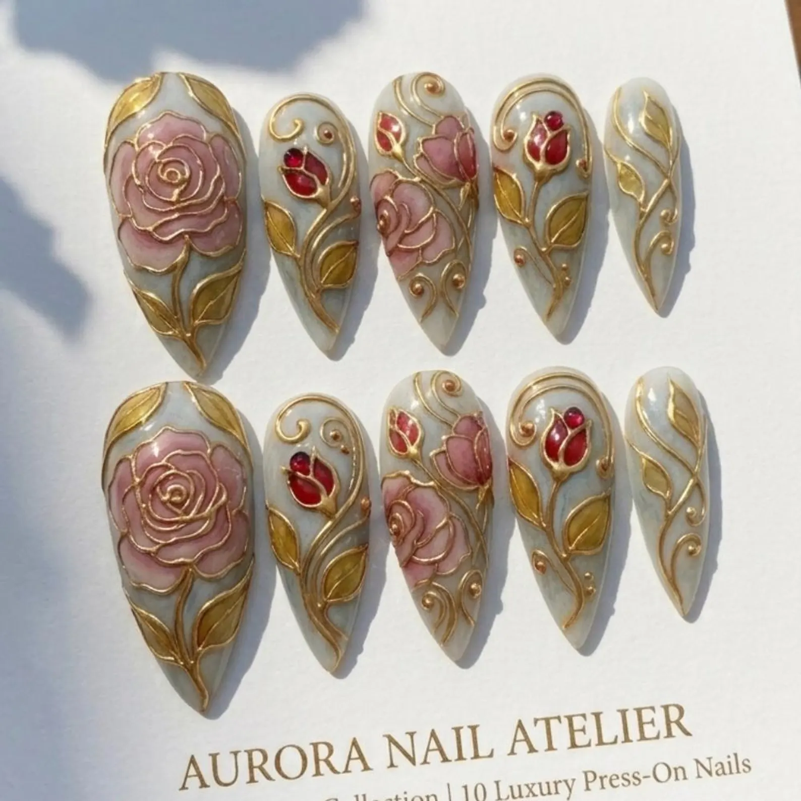 gilded rose nails, 3D press on, press on nails, custom press on nails, fake nails, Nails Art, stained glass nails, gold press on nails, 3d press on nails, luxury press on nails, handmade press on nails