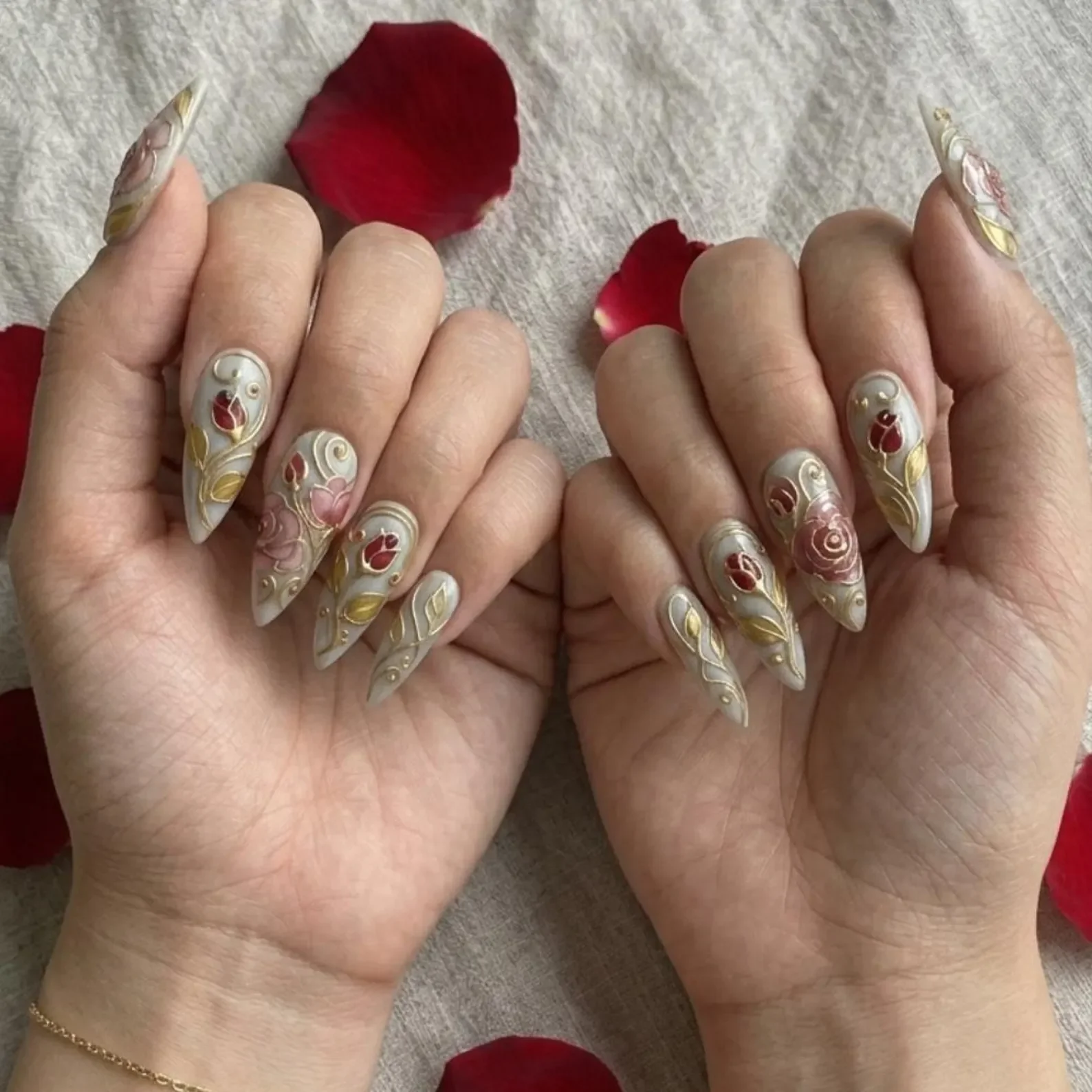 victorian style nails, gilded rose design, press on nails, custom press on nails, fake nails, Nails Art, stained glass nails, gold press on nails, 3d press on nails, luxury press on nails, handmade press on nails