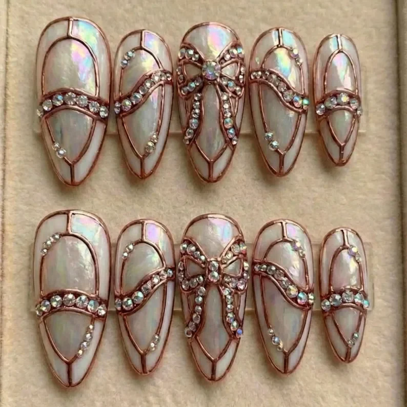 glass slipper nails, stained glass nails, press on nails, custom press on nails, fake nails, Nails Art, gold press on nails, 3d press on nails, luxury press on nails, handmade press on nails