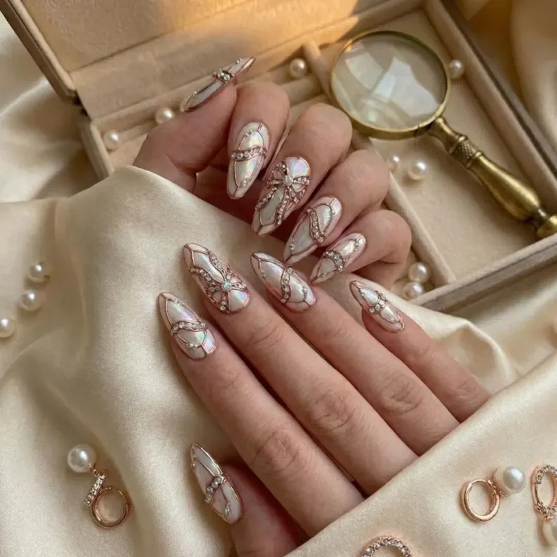 rose gold crystals, press on manicure, press on nails, custom press on nails, fake nails, Nails Art, stained glass nails, gold press on nails, 3d press on nails, luxury press on nails, handmade press on nails