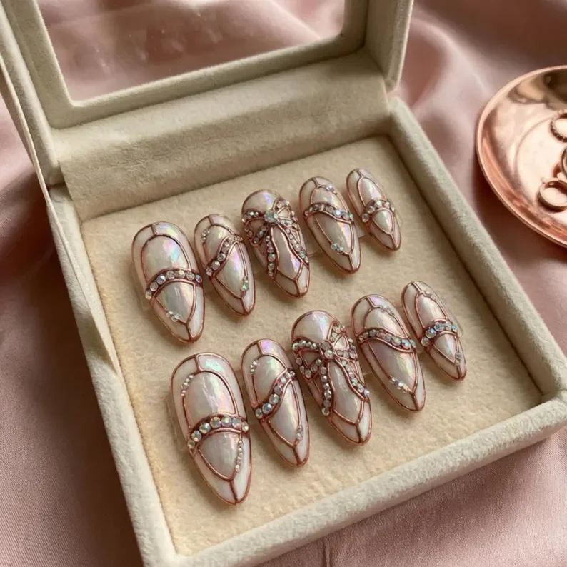 3D nail art, glass slipper nails, press on nails, custom press on nails, fake nails, Nails Art, stained glass nails, gold press on nails, 3d press on nails, luxury press on nails, handmade press on nails
