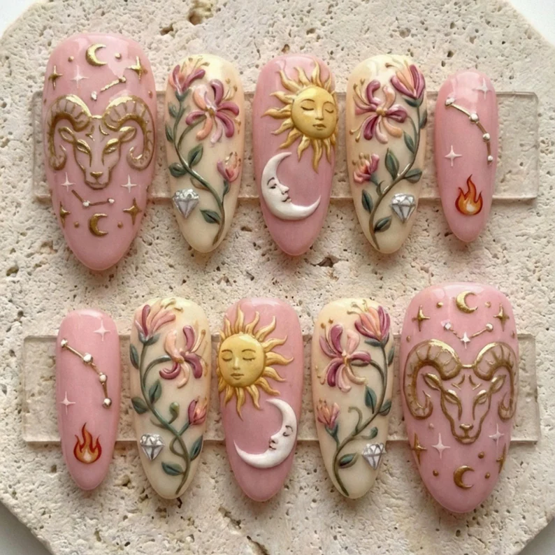 Celestia Aries, Zodiac Press On, press on nails, custom press on nails, fake nails, Nails Art, stained glass nails, gold press on nails, 3d press on nails, luxury press on nails, handmade press on nails