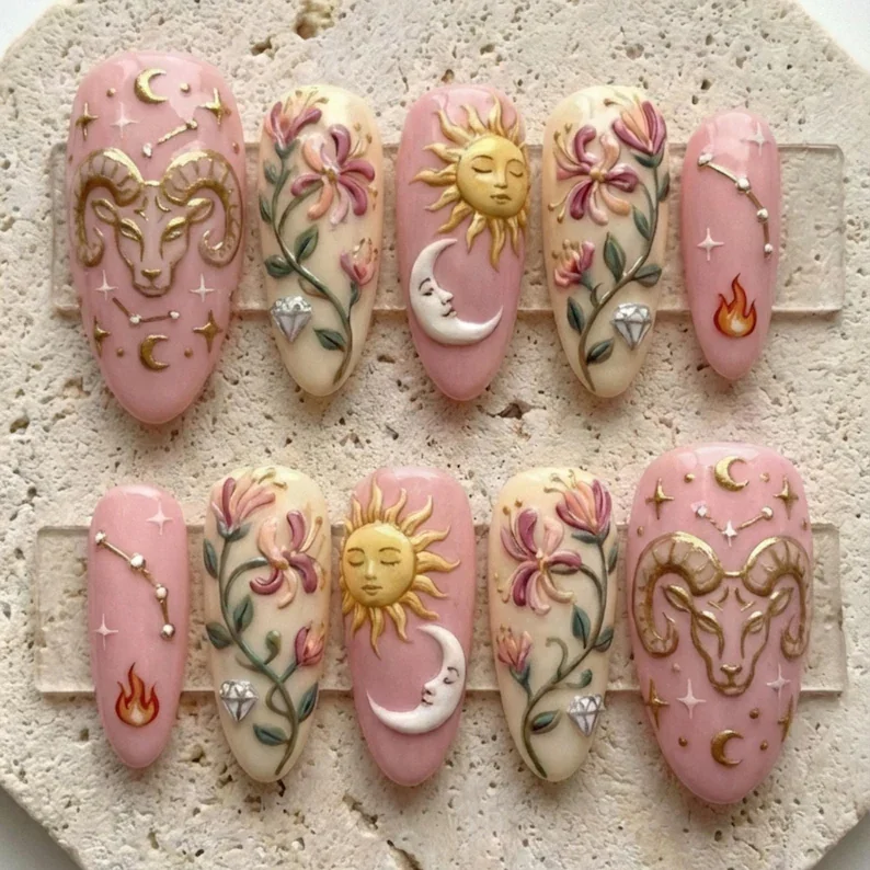 Gold Ram Nails, Celestia Aries, press on nails, custom press on nails, fake nails, Nails Art, stained glass nails, gold press on nails, 3d press on nails, luxury press on nails, handmade press on nails