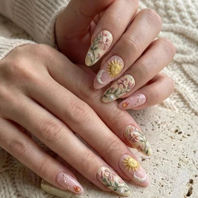 Zodiac Press On, 3D Sun Moon, press on nails, custom press on nails, fake nails, Nails Art, stained glass nails, gold press on nails, 3d press on nails, luxury press on nails, handmade press on nails