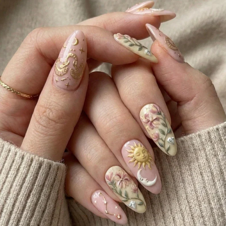 Flower Art, Aries Zodiac, press on nails, custom press on nails, fake nails, Nails Art, stained glass nails, gold press on nails, 3d press on nails, luxury press on nails, handmade press on nails