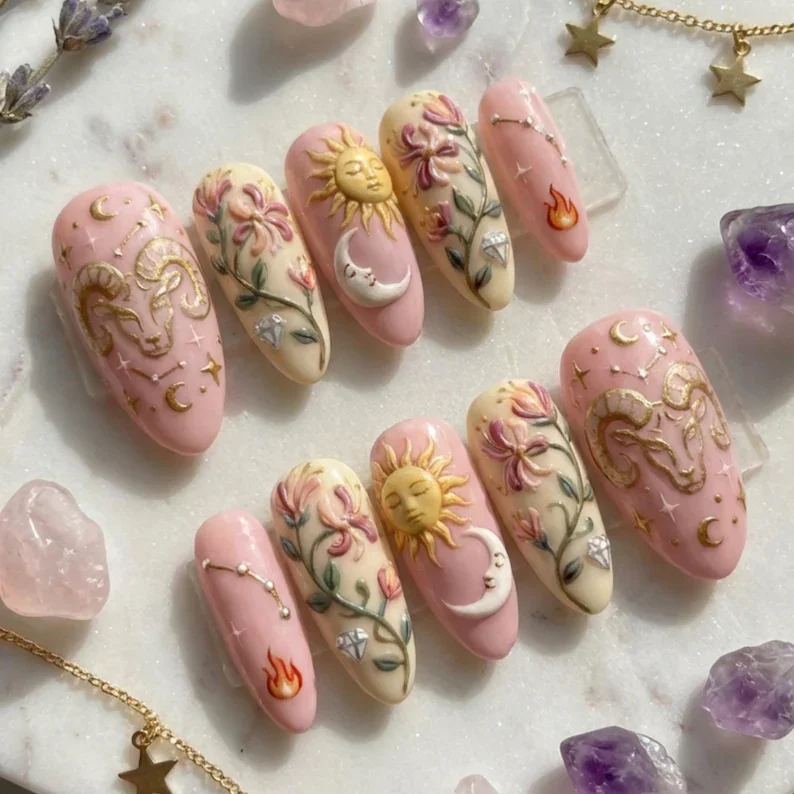 Sun Moon Design, Gold Celestia, press on nails, custom press on nails, fake nails, Nails Art, stained glass nails, gold press on nails, 3d press on nails, luxury press on nails, handmade press on nails