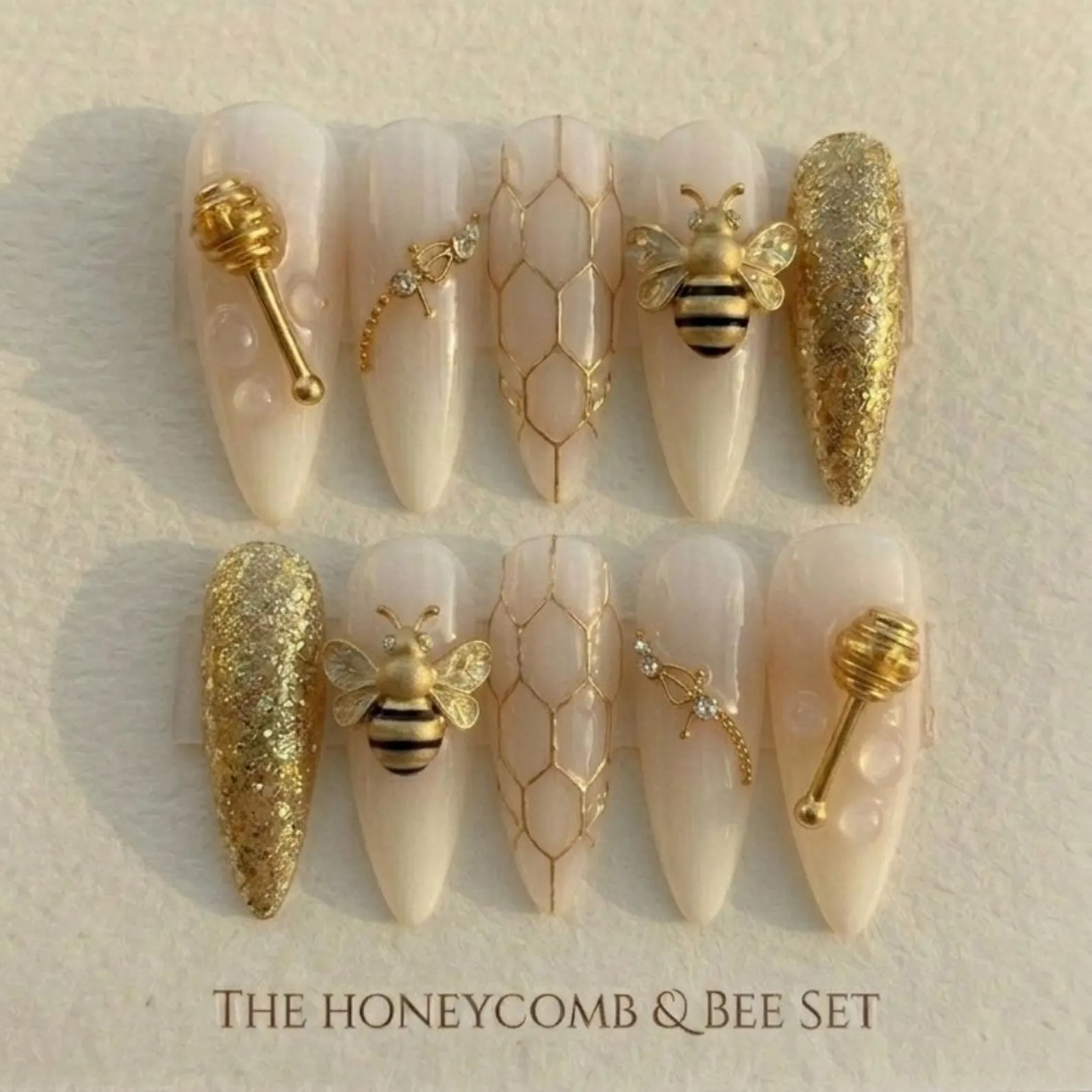 honeycomb design, bee garden nails, press on nails, custom press on nails, fake nails, Nails Art, stained glass nails, gold press on nails, 3d press on nails, luxury press on nails, handmade press on nails