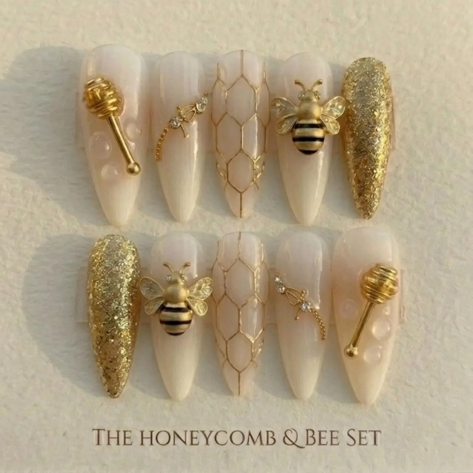 golden honeybee press on nails, 3D honeycomb nail art, press on nails, custom press on nails, fake nails, Nails Art, stained glass nails, gold press on nails, 3d press on nails, luxury press on nails, handmade press on nails