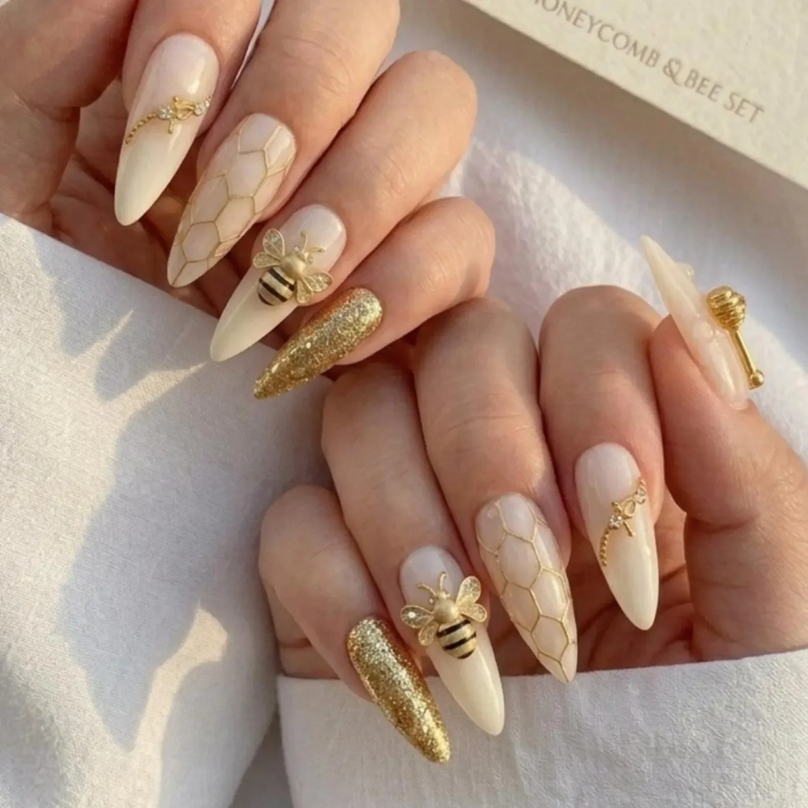 milky glitter nails, honeycomb design, press on nails, custom press on nails, fake nails, Nails Art, stained glass nails, gold press on nails, 3d press on nails, luxury press on nails, handmade press on nails