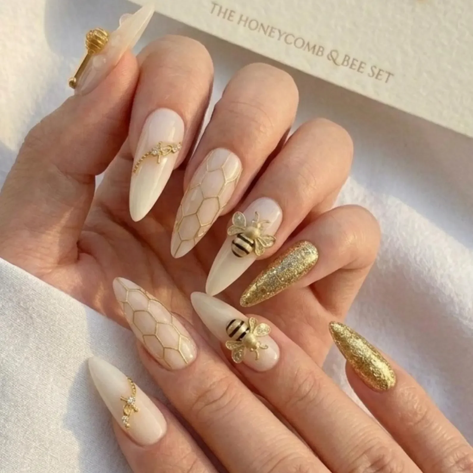 milky glitter, 3D honeycomb art, press on nails, custom press on nails, fake nails, Nails Art, stained glass nails, gold press on nails, 3d press on nails, luxury press on nails, handmade press on nails