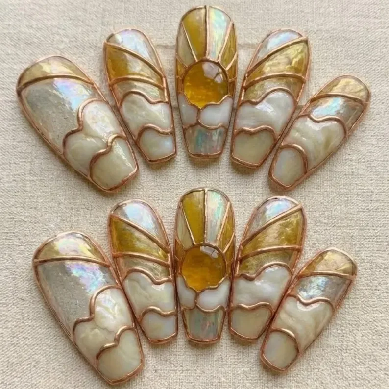golden hour nails, stained glass nails, press on nails, custom press on nails, fake nails, Nails Art, gold press on nails, 3d press on nails, luxury press on nails, handmade press on nails