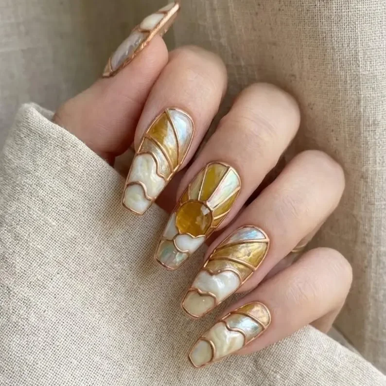 sunrise nail art, marbled cloud nails, press on nails, custom press on nails, fake nails, Nails Art, stained glass nails, gold press on nails, 3d press on nails, luxury press on nails, handmade press on nails