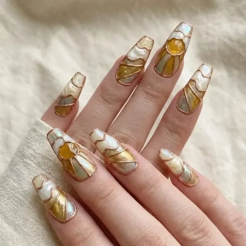 golden hour nails, stained glass nails, press on nails, custom press on nails, fake nails, Nails Art, gold press on nails, 3d press on nails, luxury press on nails, handmade press on nails