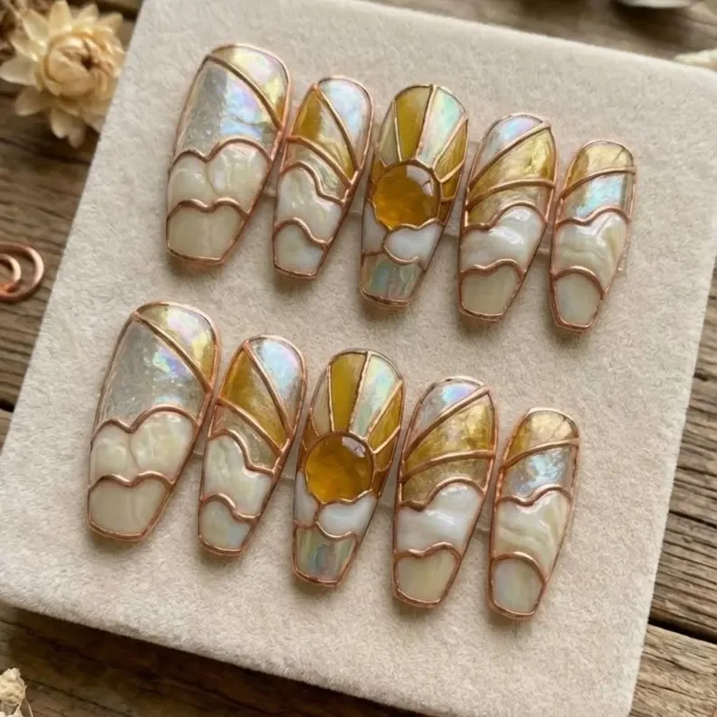 sunrise nail art, marbled cloud nails, press on nails, custom press on nails, fake nails, Nails Art, stained glass nails, gold press on nails, 3d press on nails, luxury press on nails, handmade press on nails